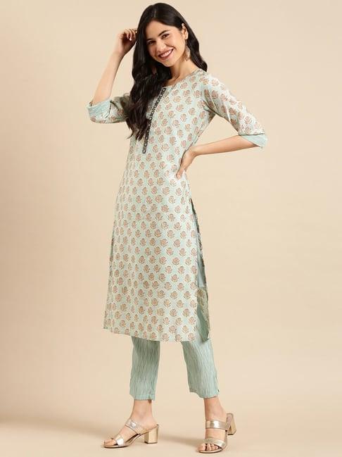 showoff blue printed straight calf length kurta with pants