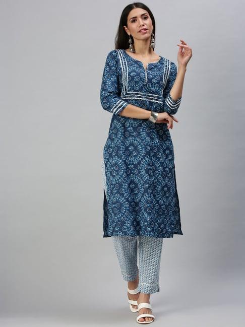 showoff blue printed straight calf length kurta with pants