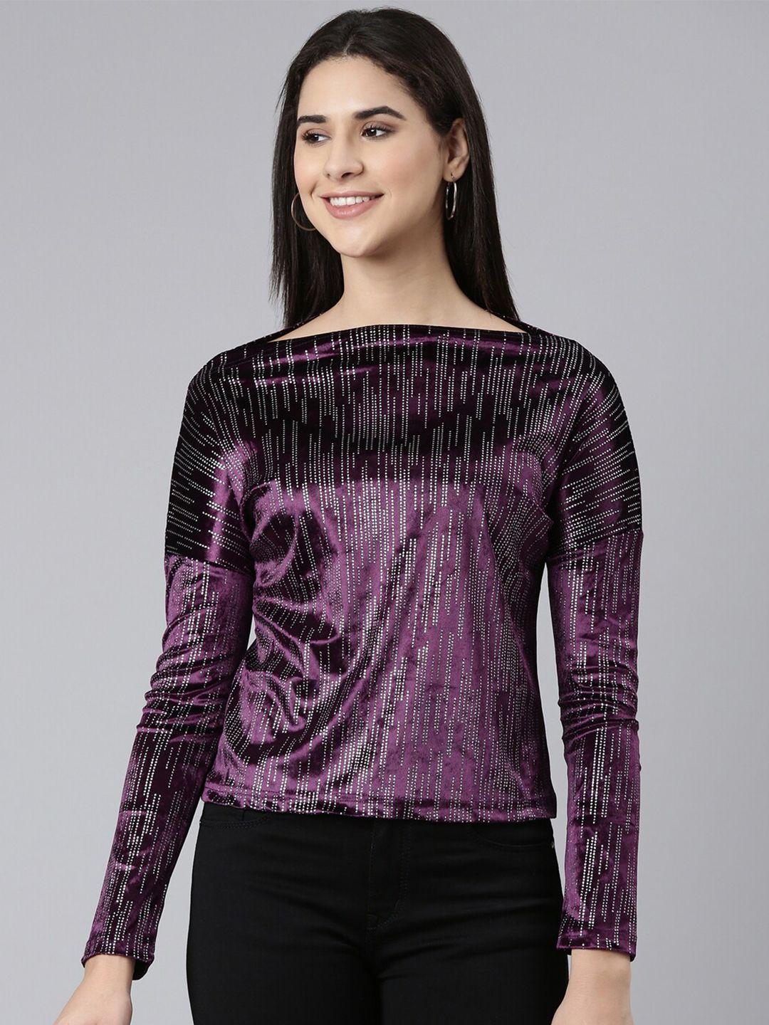 showoff boat neck drop shoulder sleeves velvet top