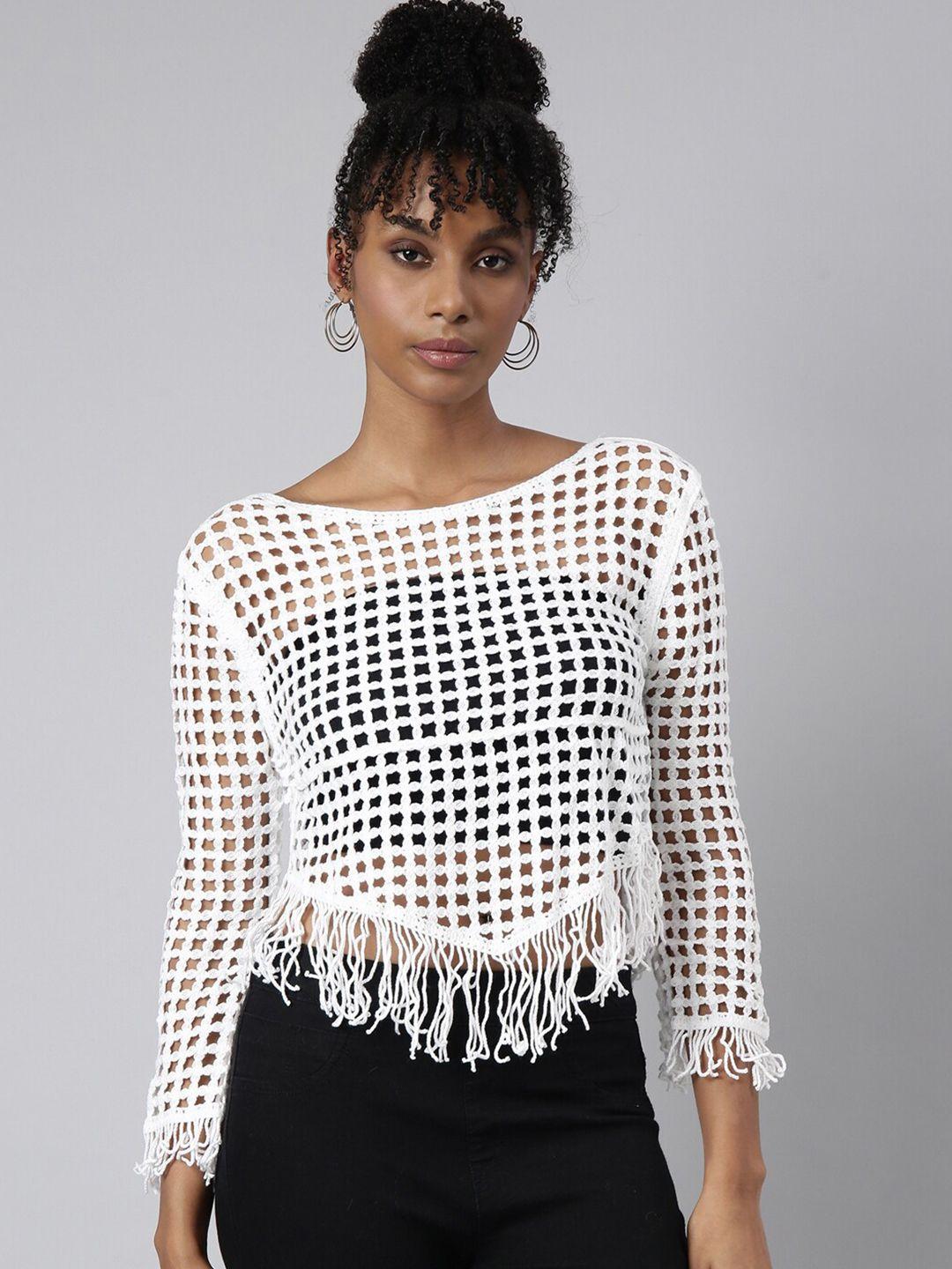 showoff boat neck fringed crochet top