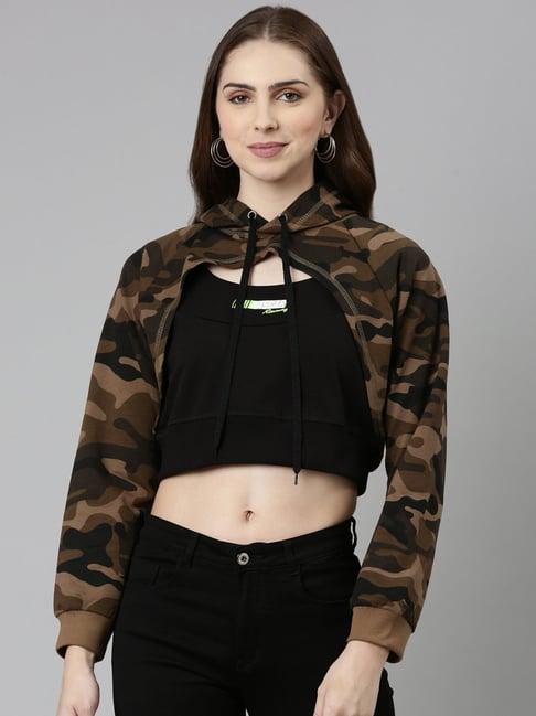 showoff brown & black cotton camouflage front-open sweatshirt