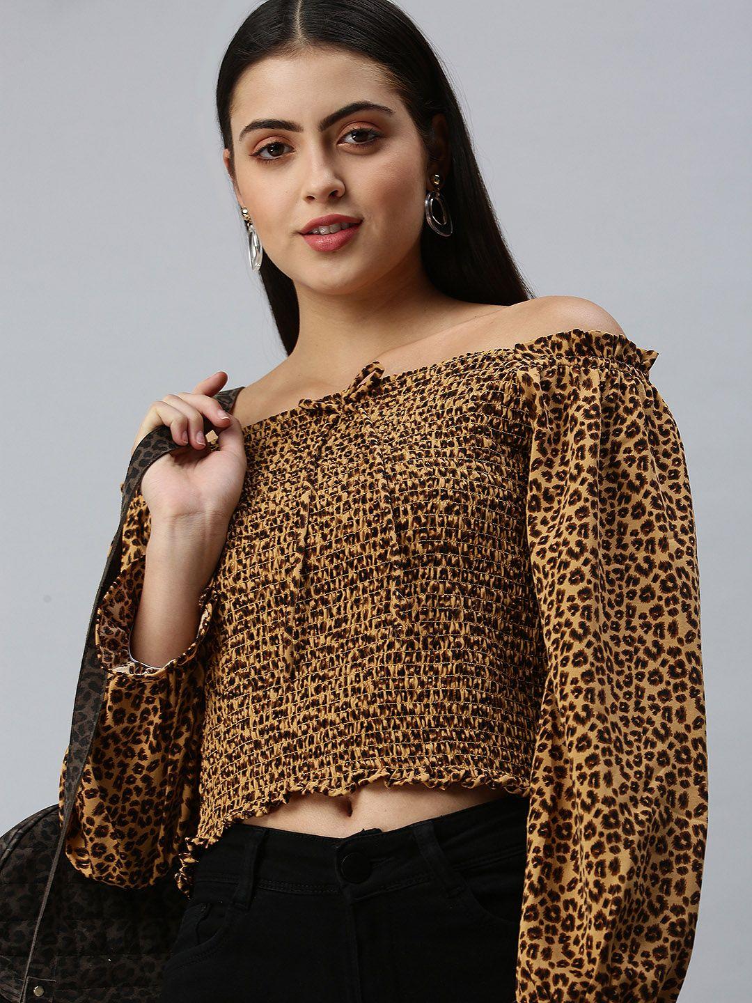 showoff brown animal print off-shoulder crepe bardot crop top