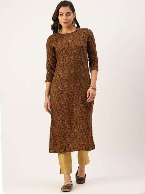 showoff brown cotton embellished calf length straight kurta