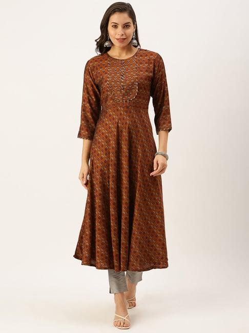 showoff brown cotton floral calf length a line kurta