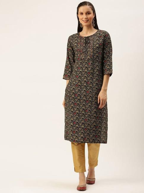 showoff brown cotton floral calf length straight kurta