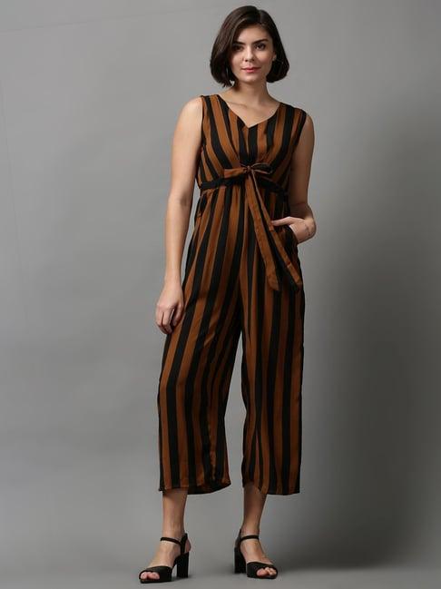 showoff brown cotton striped a-line jumpsuit
