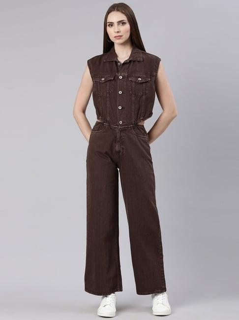 showoff brown denim maxi jumpsuit