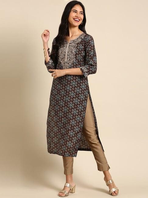 showoff brown embellished straight kurta