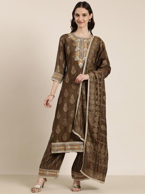 showoff brown embroidered kurta with pants & dupatta