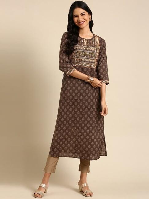 showoff brown embroidered straight kurta