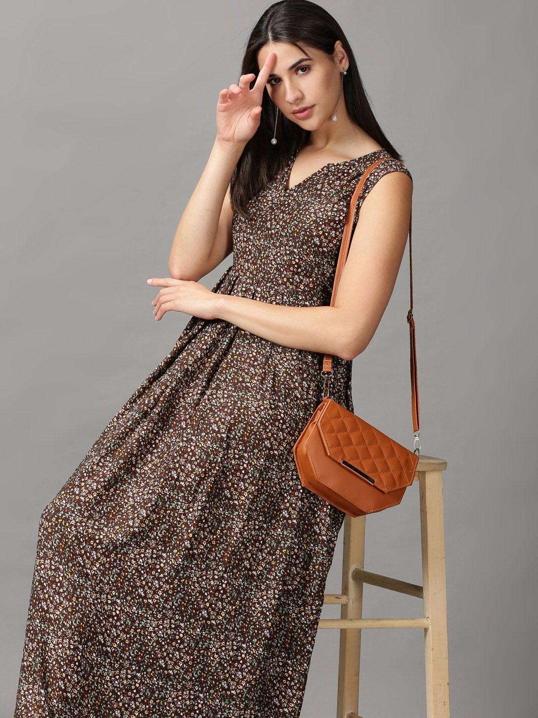 showoff brown floral chiffon midi dress