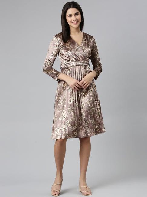 showoff brown floral print a-line dress