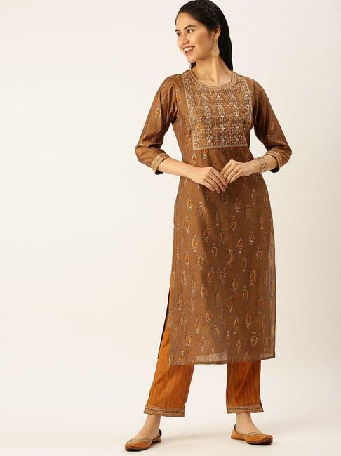 showoff brown printed straight kurta with pants