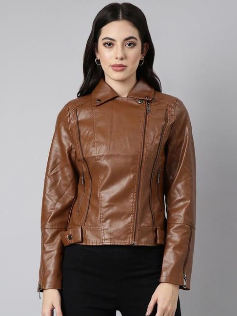 showoff brown regular fit biker jacket