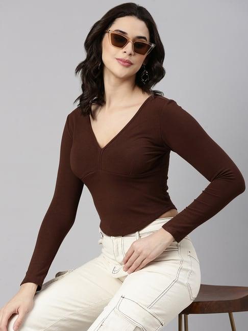 showoff brown regular fit crop top