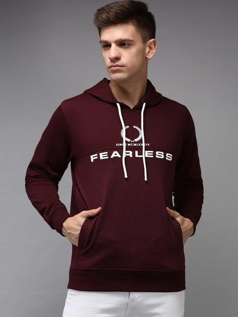 showoff burgundy cotton regular fit printed hooded sweatshirt