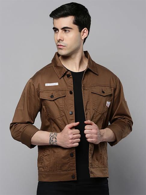 showoff camel brown cotton comfort fit printed jacket
