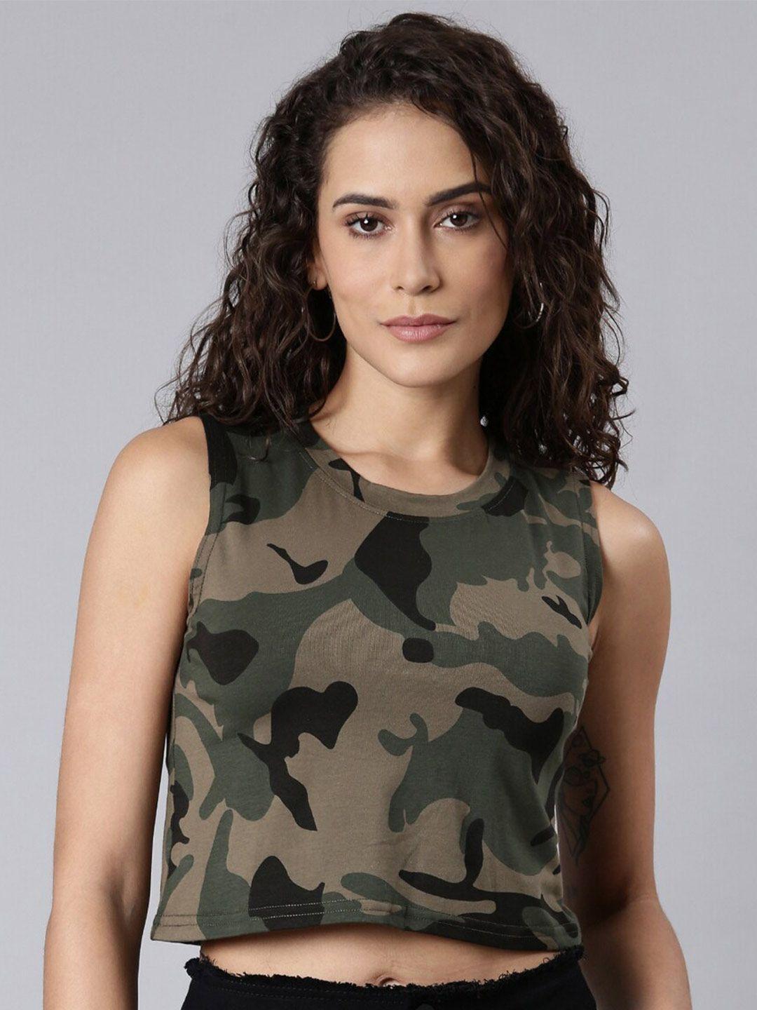 showoff camouflage printed round neck cotton crop top