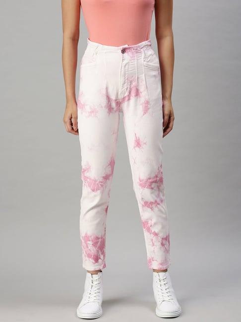 showoff casual mom fit high-rise pink tie-dye jeans