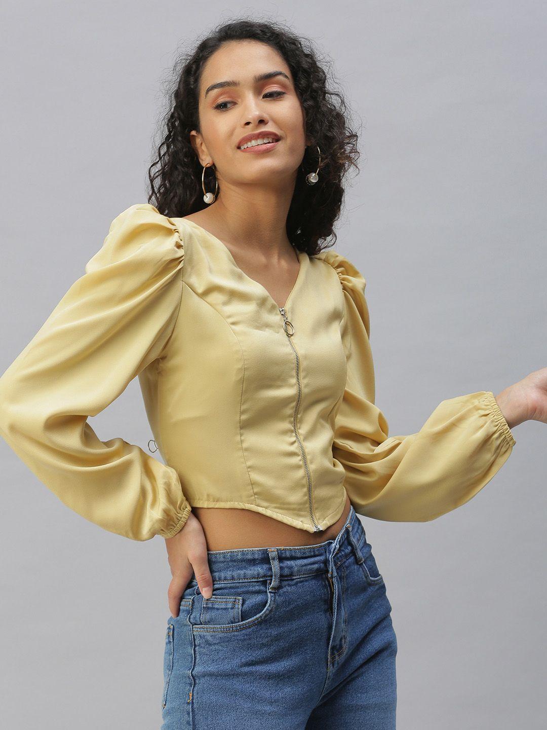 showoff champagne smocked shirt style crop top
