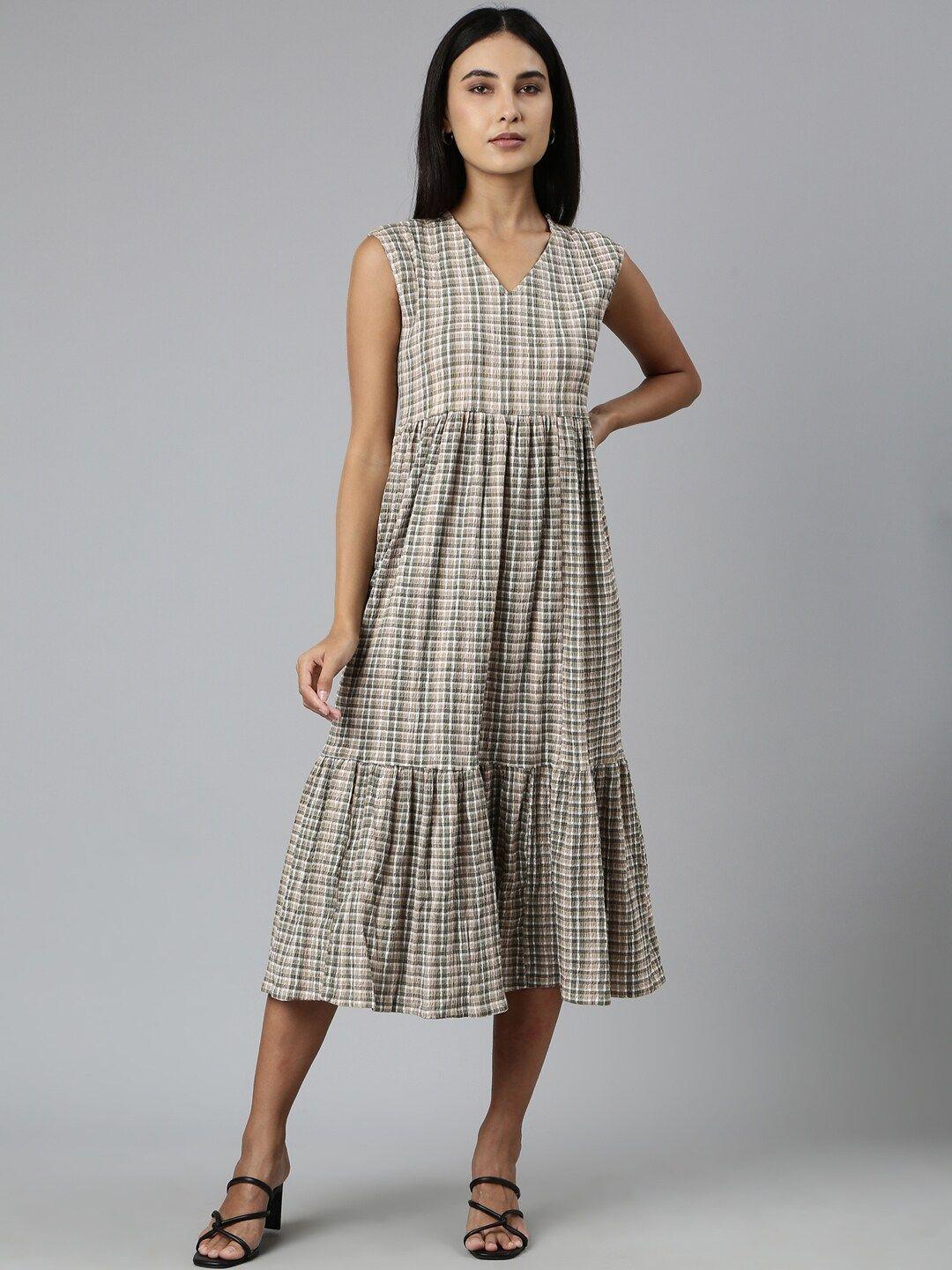 showoff checked fit & flare midi dress