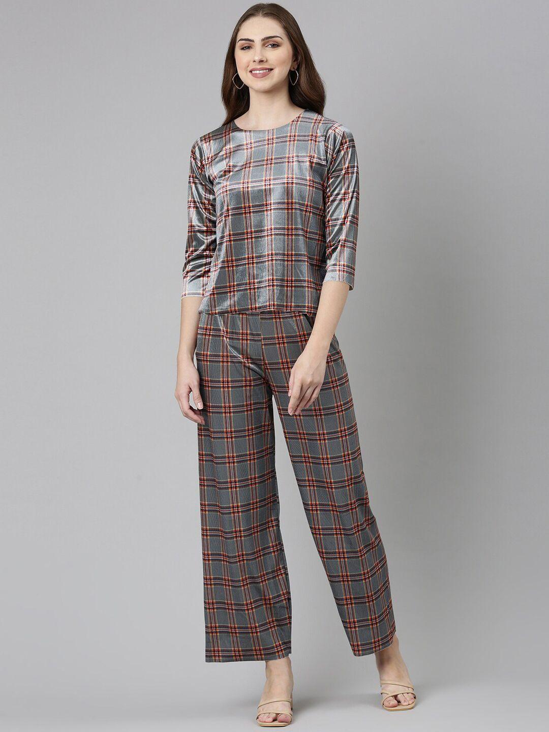 showoff checked round neck top with palazzos