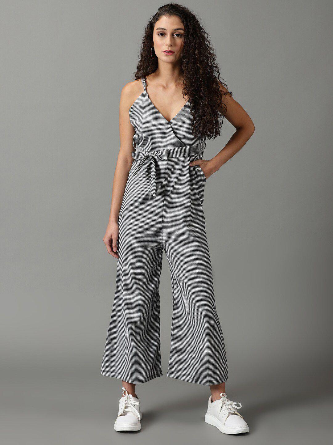 showoff checked shoulder strap cotton basic jumpsuit with waist tie-ups