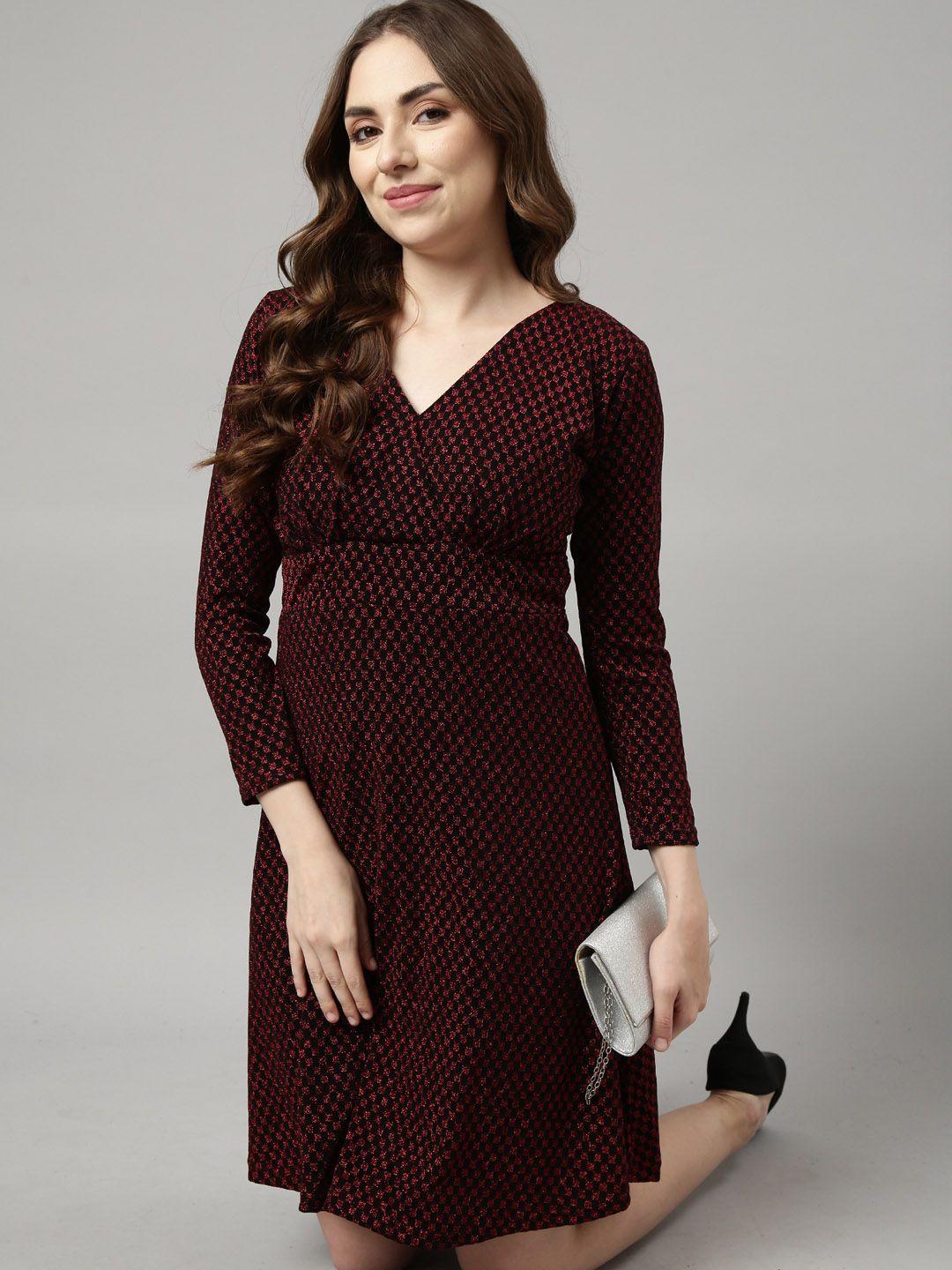 showoff checked v-neck fit and flare dress