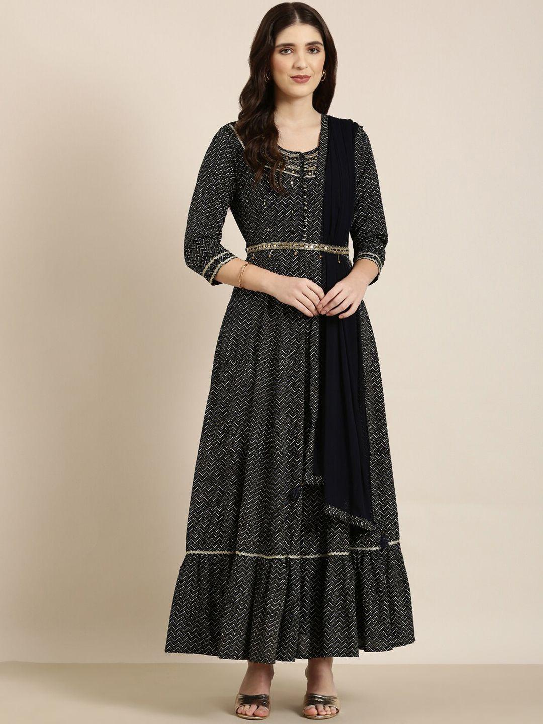 showoff chevron printed sequinned anarkali kurta with dupatta