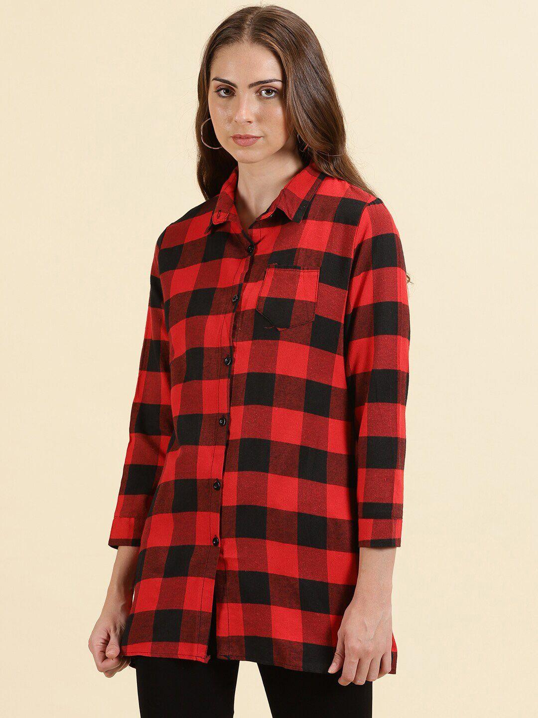 showoff classic buffalo checked cotton casual longline shirt