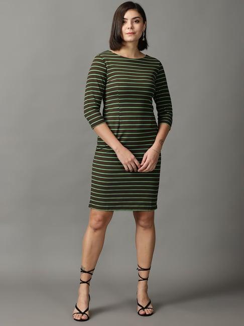 showoff coffee brown & green striped bodycon dress