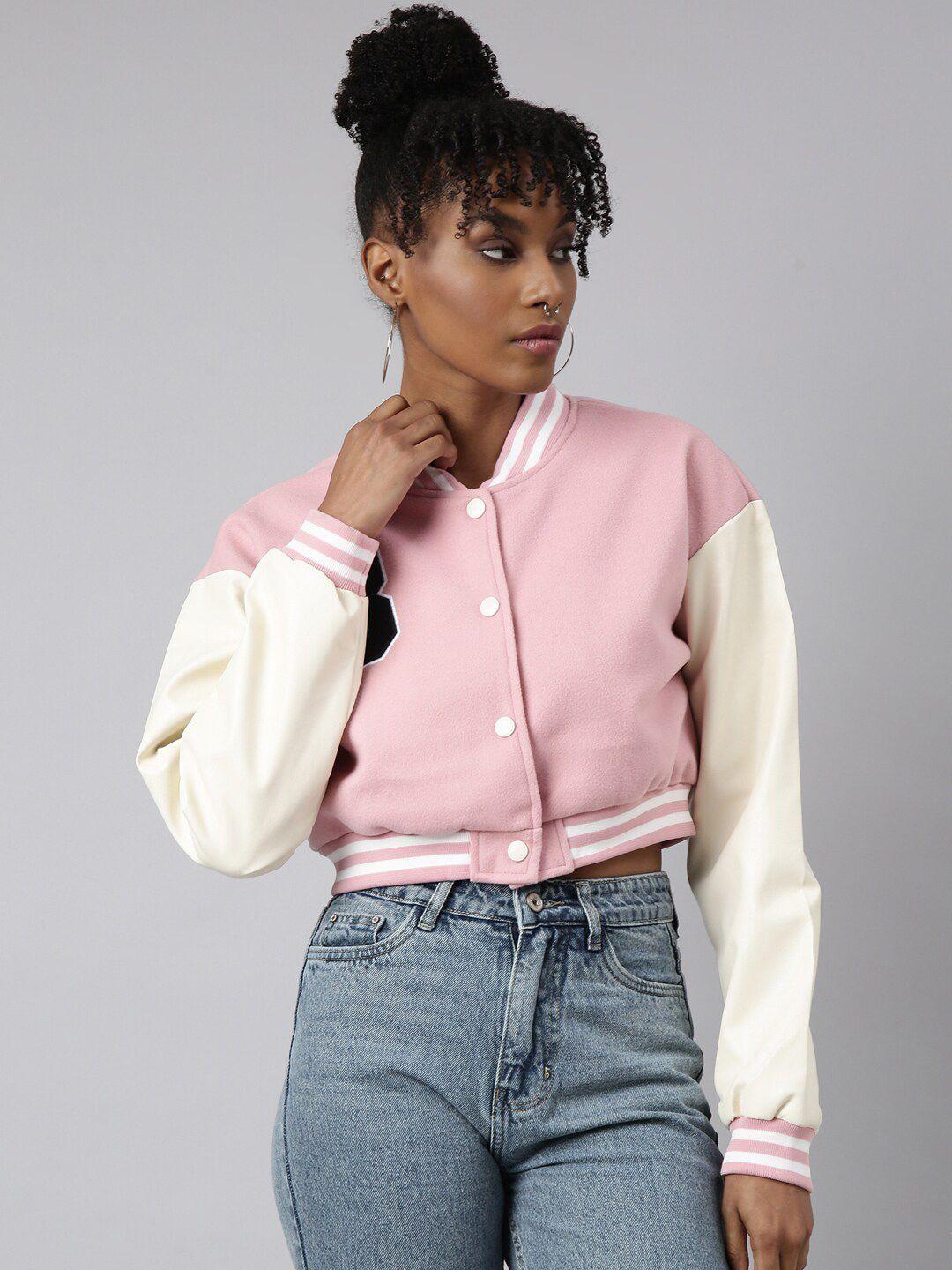 showoff colourblocked fleece windcheater drop shoulder oversized crop varsity jacket