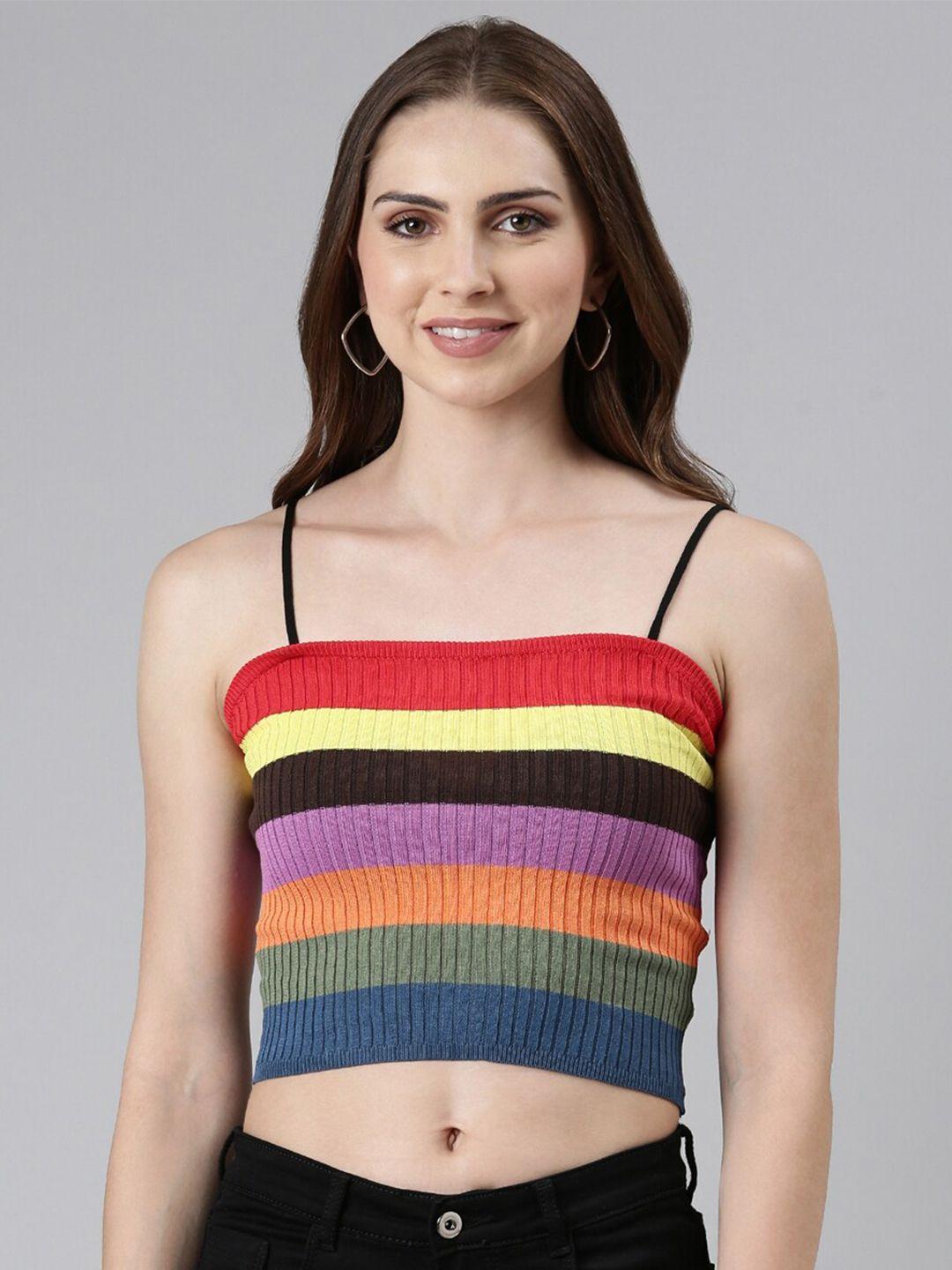 showoff colourblocked shoulder straps acrylic fitted crop top