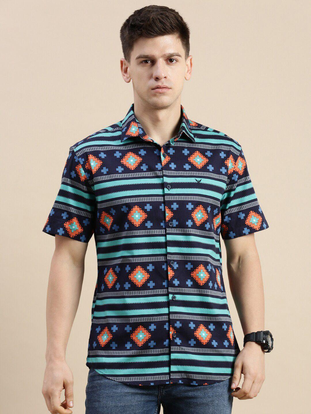 showoff comfort slim fit geometric printed cotton casual shirt