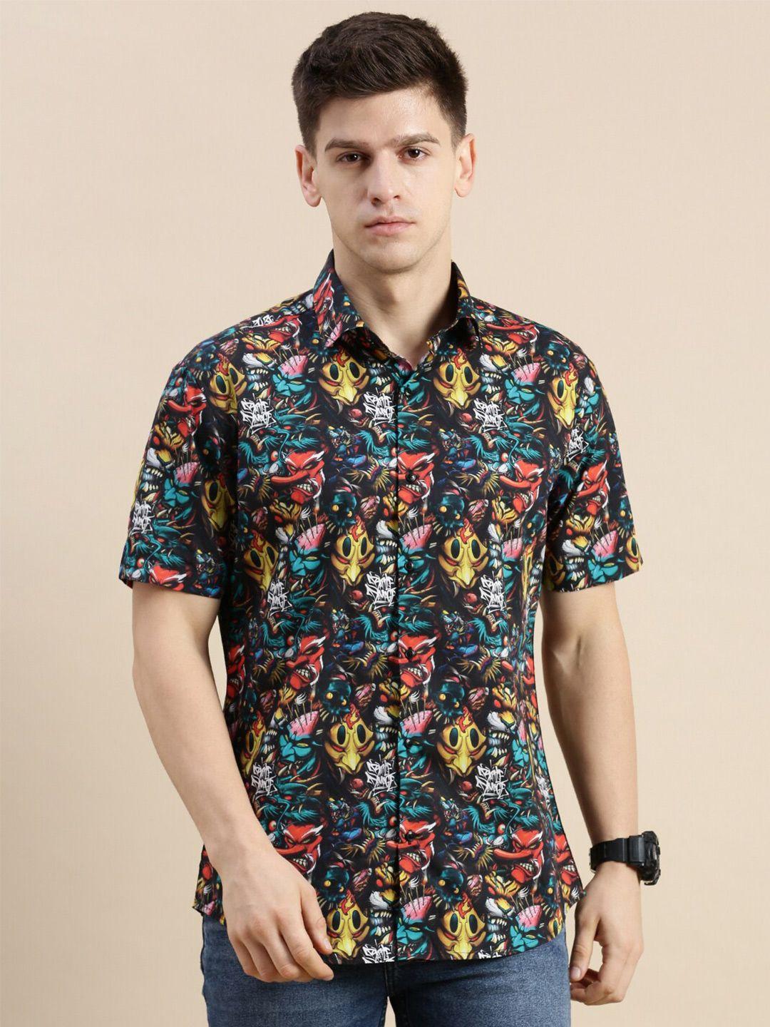 showoff comfort slim fit graphic printed spread collar satin casual shirt