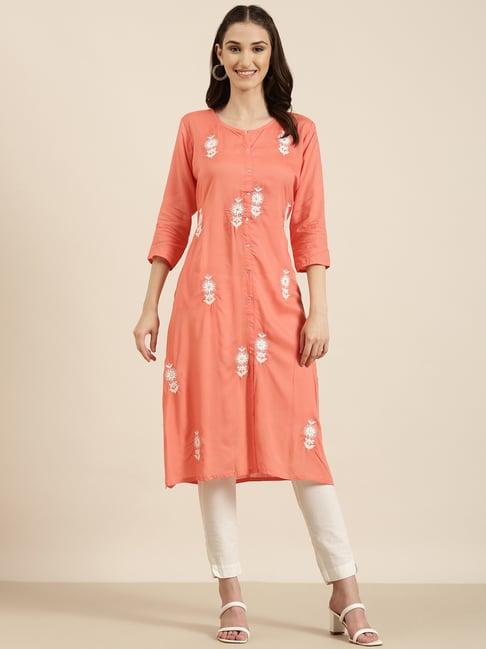 showoff coral cotton embroidered kurta