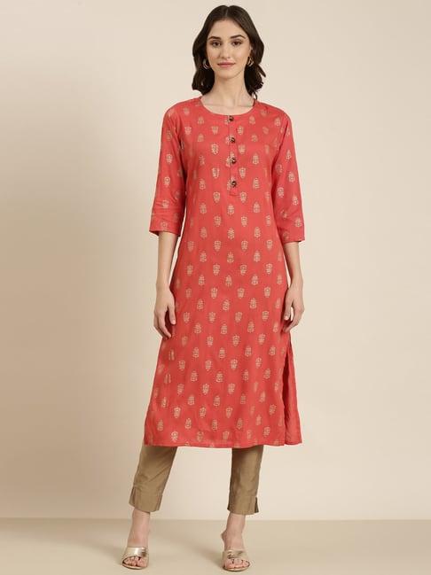 showoff coral cotton floral print kurta