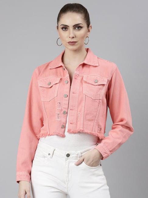 showoff coral regular fit crop denim jacket