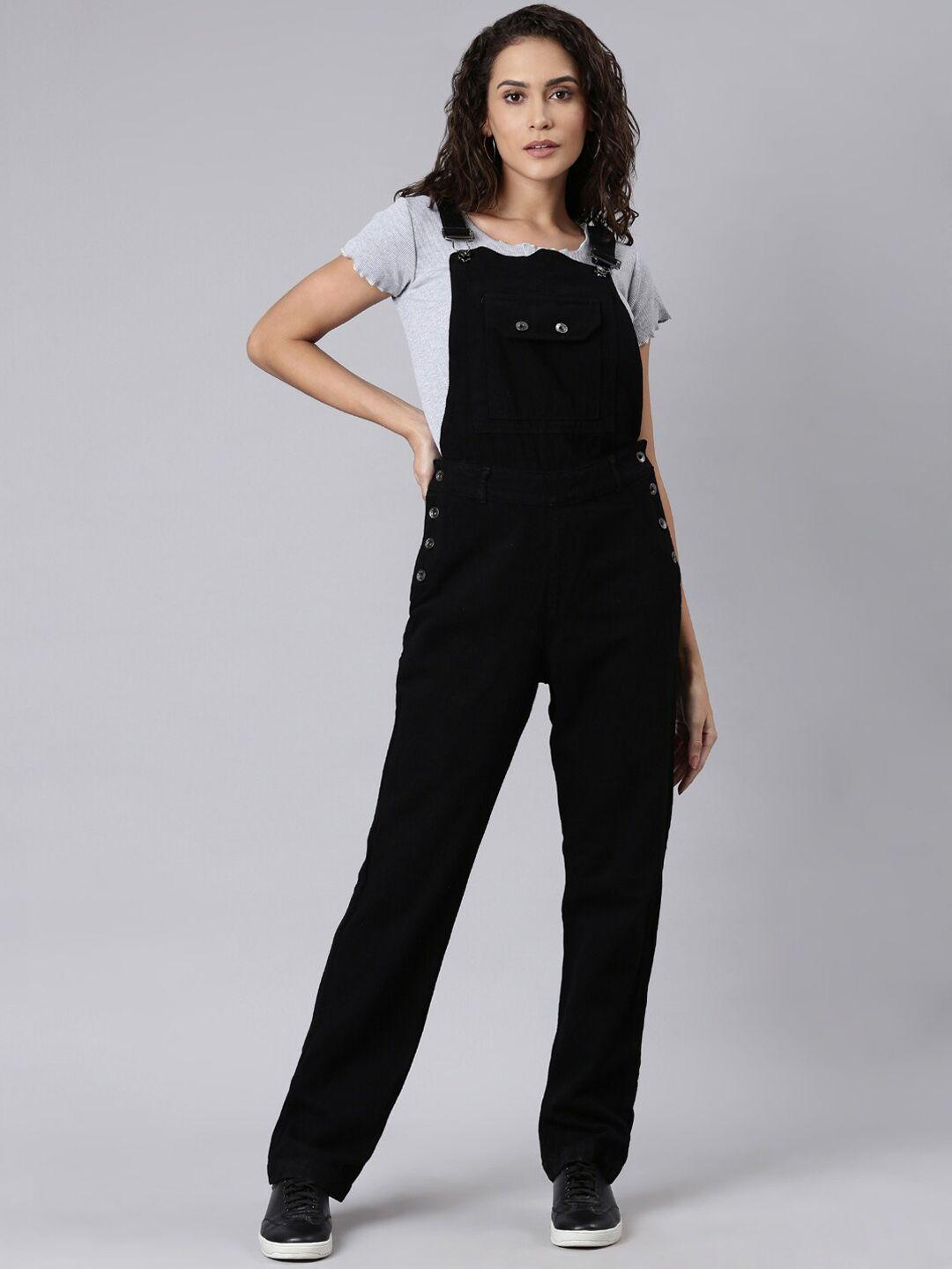 showoff cotton denim straight leg dungaree dress