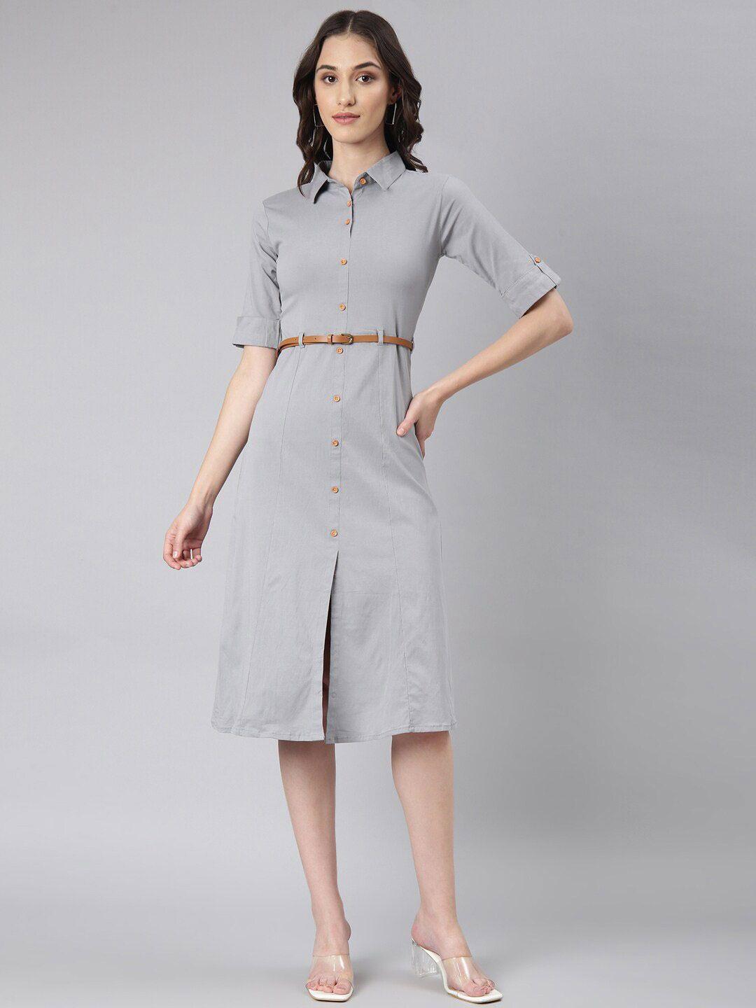 showoff cotton roll-up sleeves shirt dress with belted