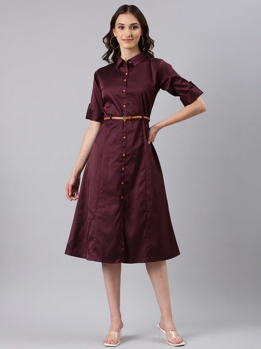 showoff cotton roll-up sleeves shirt midi dress with belted