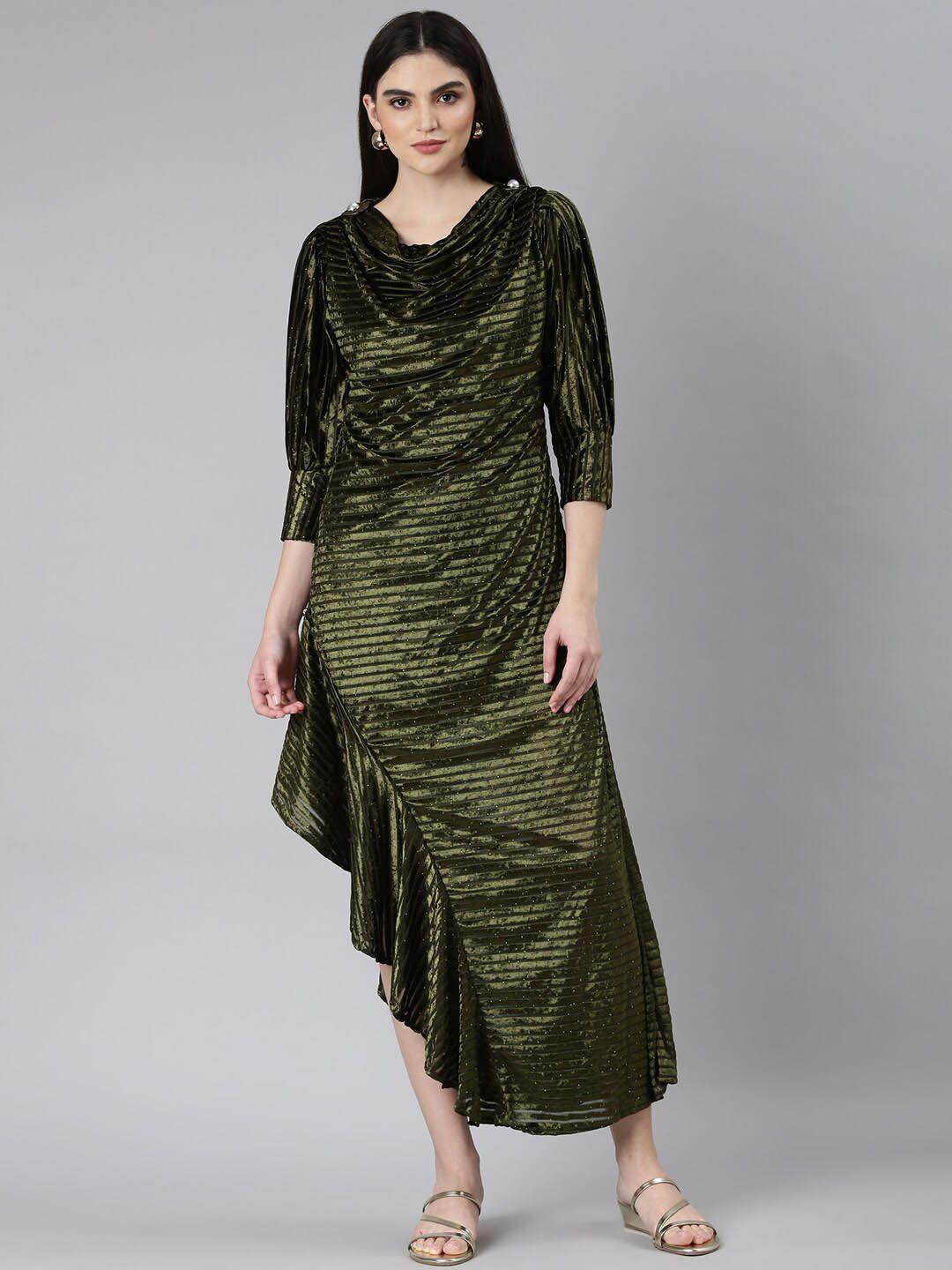 showoff cowl neck velvet blouson midi dress