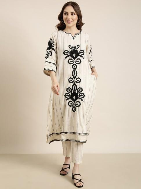 showoff cream & black embroidered kurta with pants