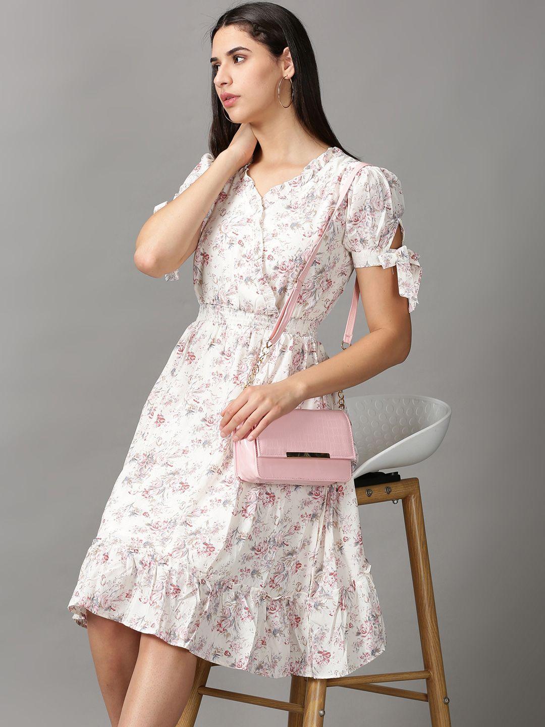 showoff cream-coloured & pink floral chiffon dress