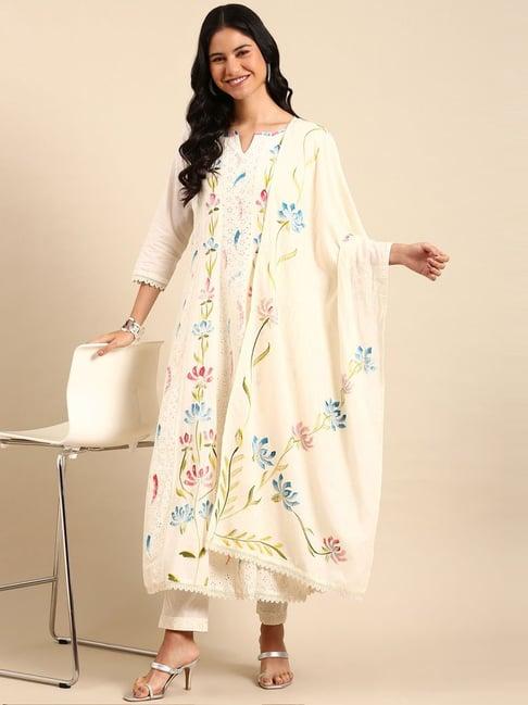 showoff cream cotton embroidered kurta pant set with dupatta