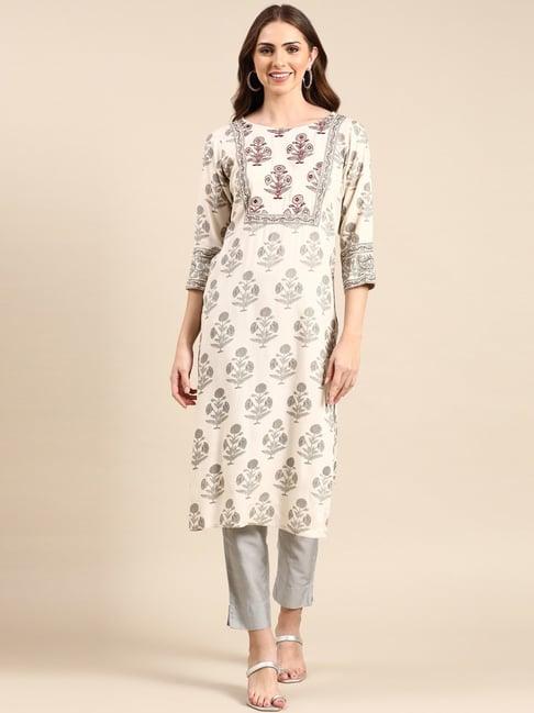 showoff cream cotton floral print kurta