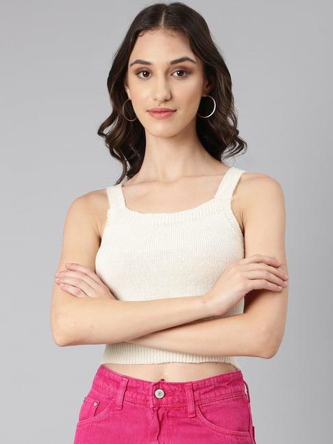 showoff cream cotton regular fit crop top