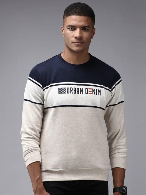 showoff cream cotton regular fit striped sweatshirt