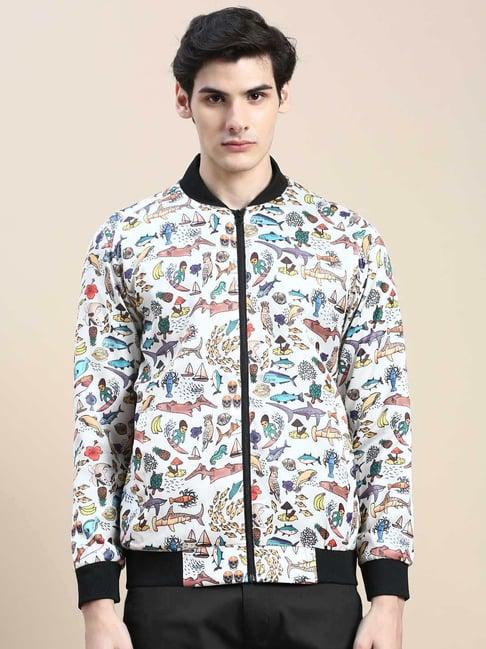 showoff cream slim fit printed jacket