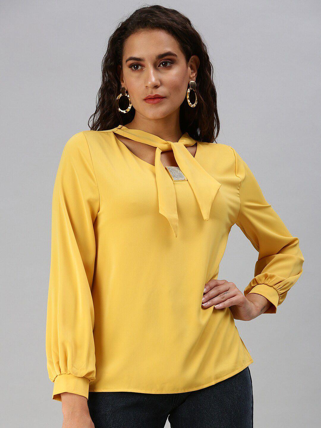 showoff cuffed sleeves tie-up neck embellished regular top